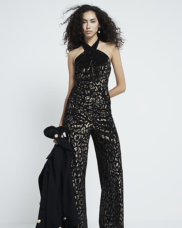 Black Leopard Print Velvet Trousers