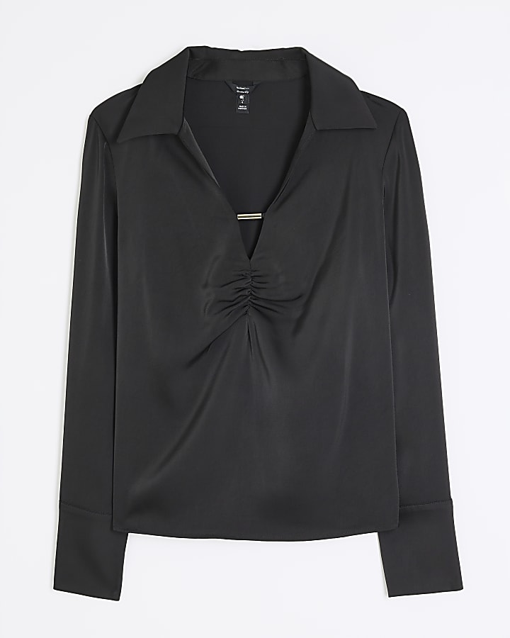 Black Ruched Detail Long Sleeve Blouse