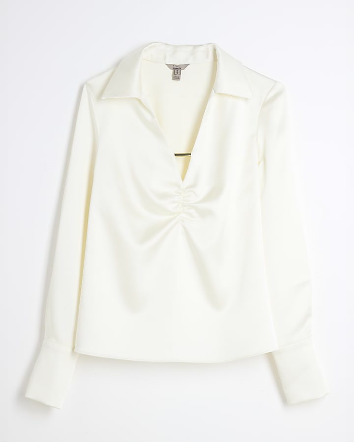 Cream Ruched Long Sleeve Blouse