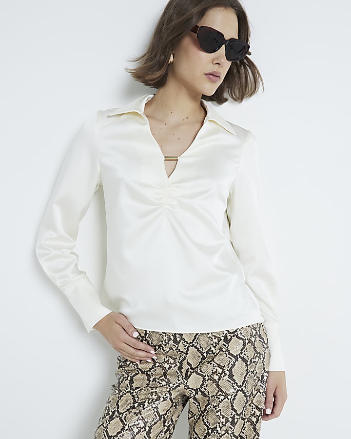 Cream Ruched Long Sleeve Blouse