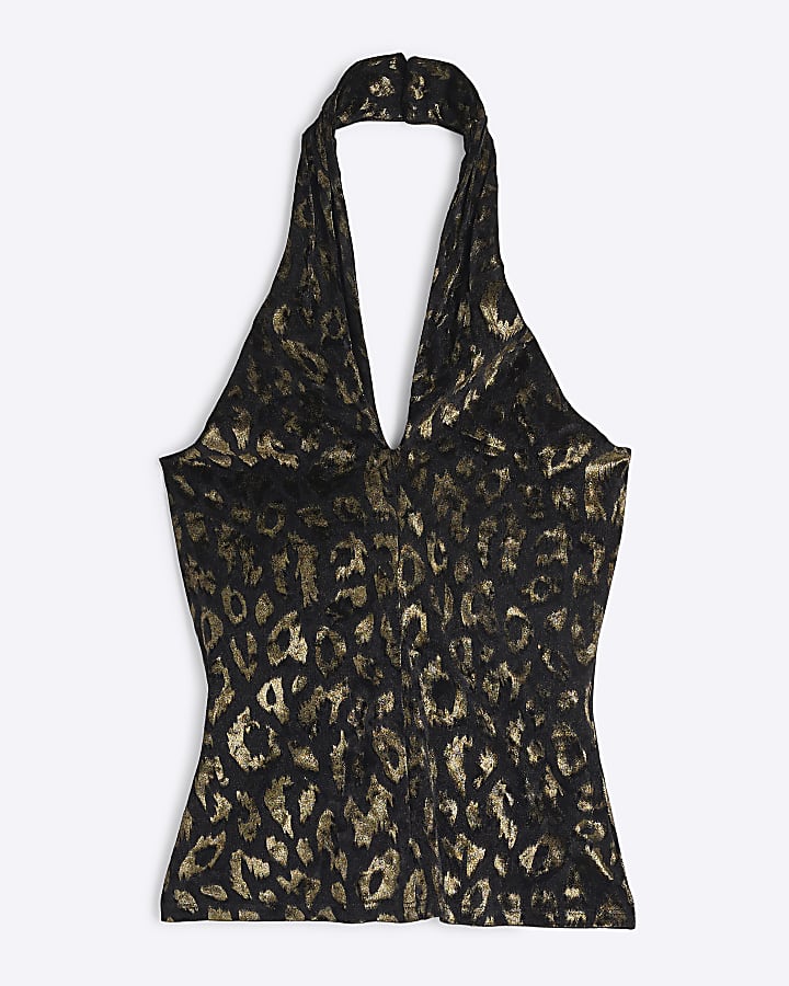 Black Leopard Halterneck Velvet Top