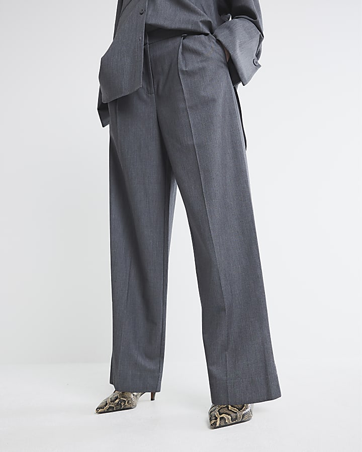 Grey Wide Pleat Front Trousers