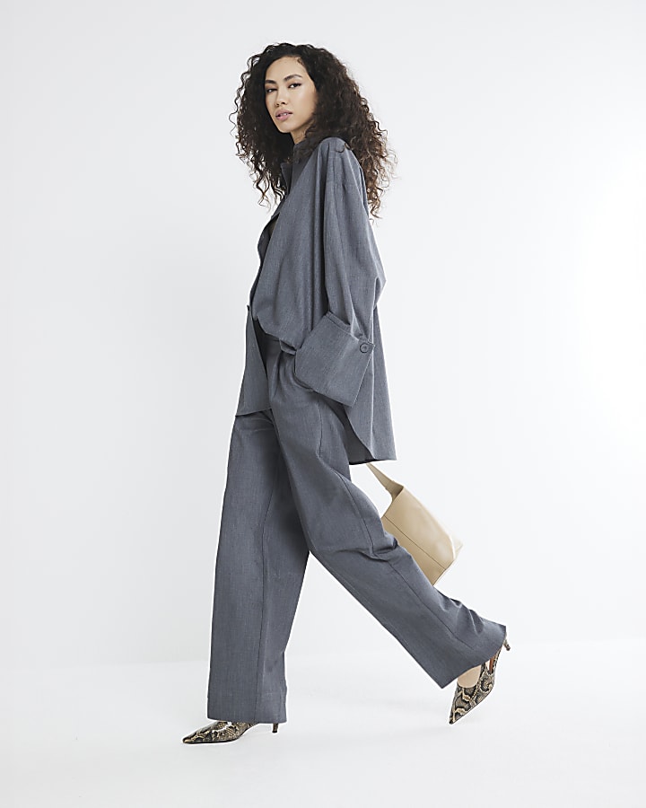 Grey Wide Pleat Front Trousers