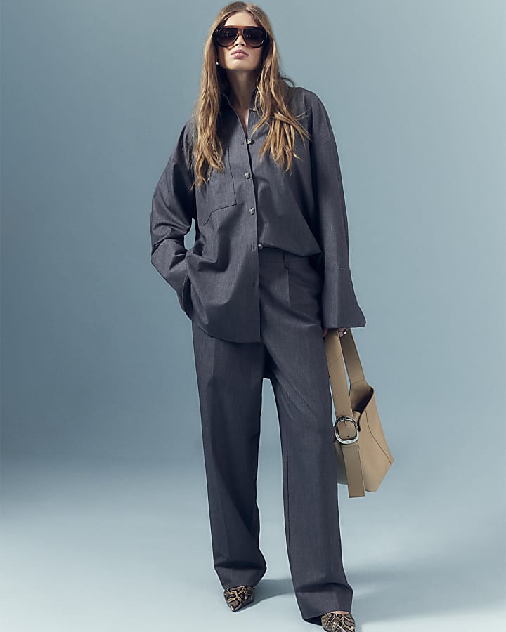 Grey Wide Pleat Front Trousers