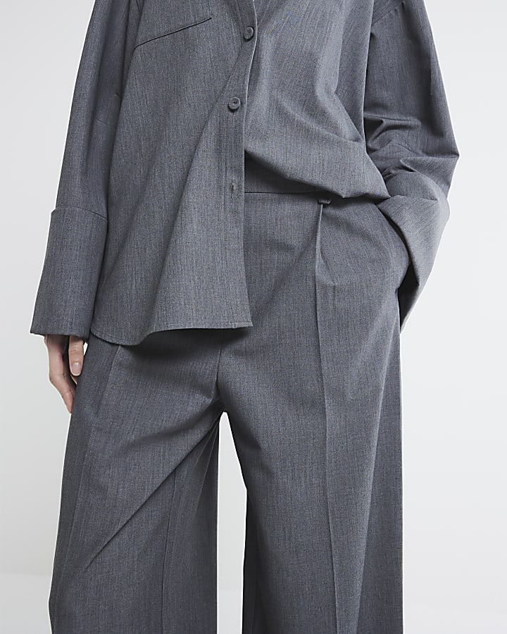 Grey Wide Pleat Front Trousers