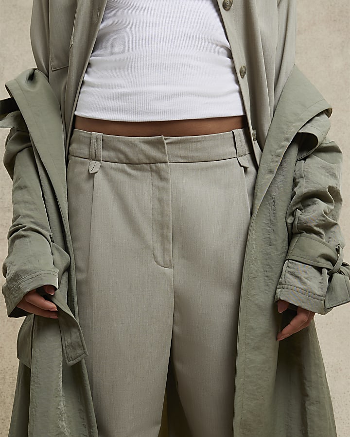 Beige Wide Leg Pleat Front Trousers