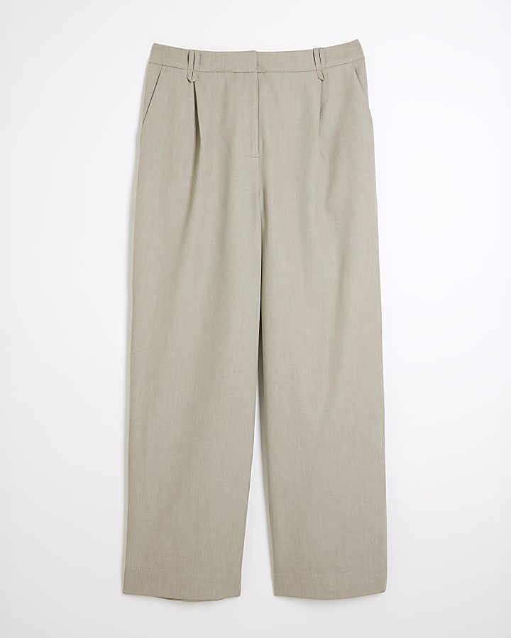 Beige Wide Leg Pleat Front Trousers