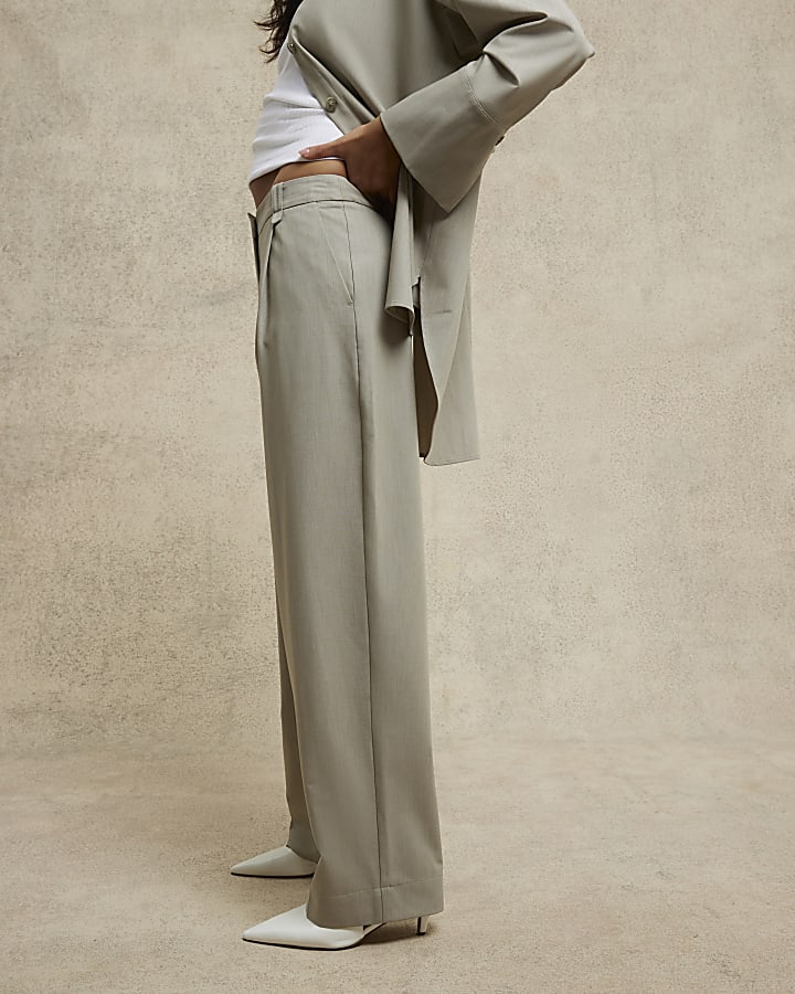 Beige Wide Leg Pleat Front Trousers