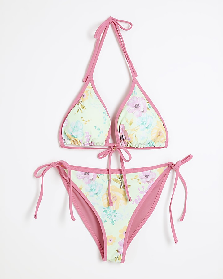 Blue Floral Contrast Trim Bikini Set