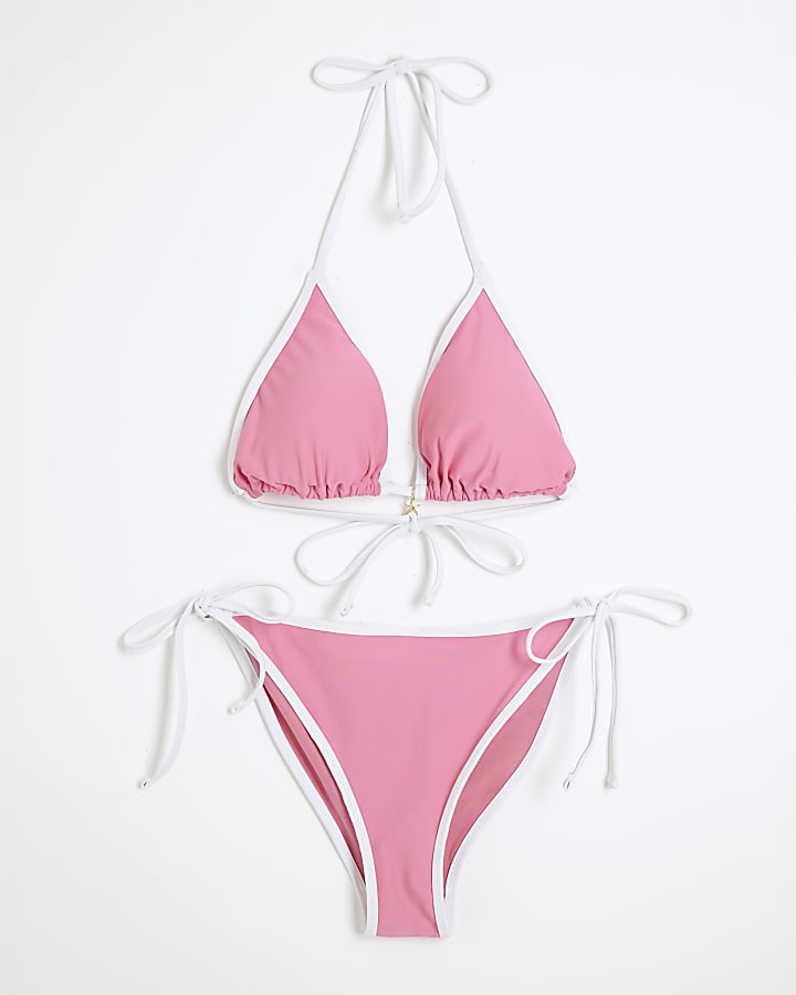 Pink Contrast Trim Bikini Set