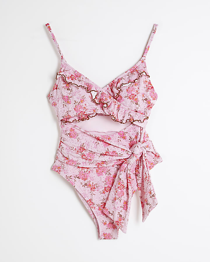 Pink Broderie Floral Wrap Swimsuit