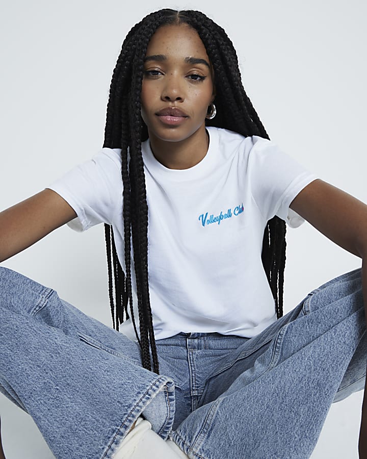 White Volleyball Embroidery graphic T-shirt