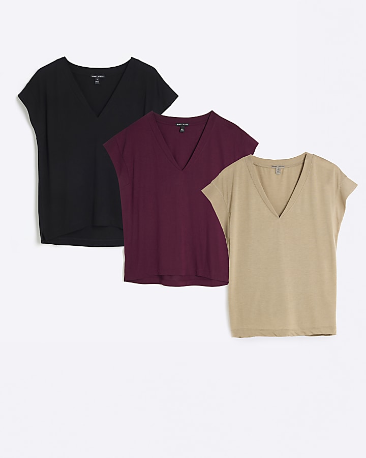 3 Pack Multicoloured V-Neck T-shirts