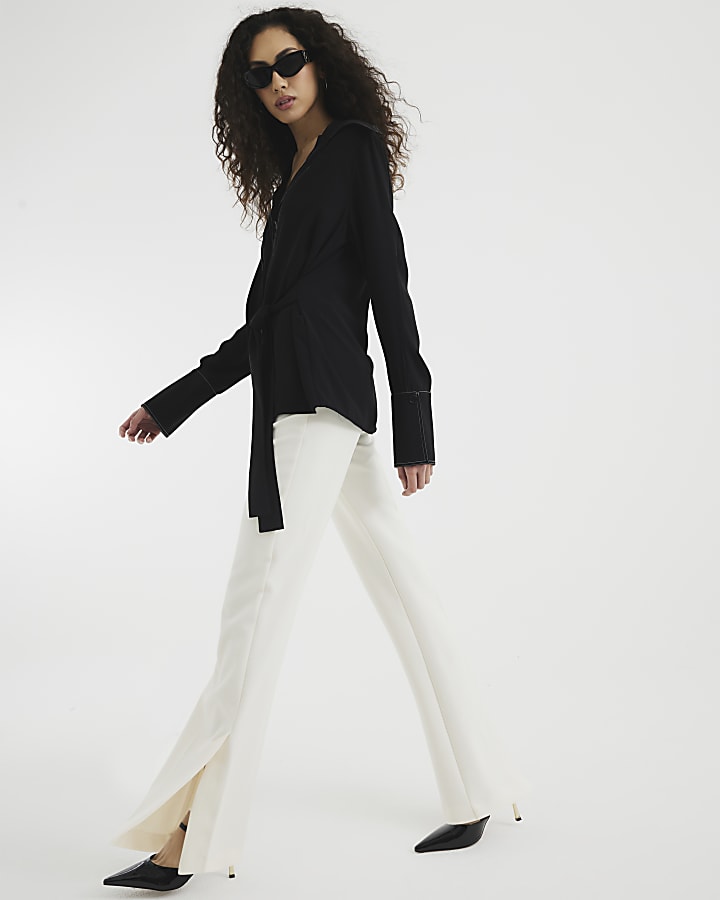 Cream Slim Fit Tailored Flare Trousers