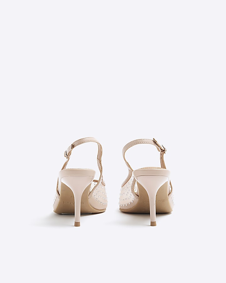 Beige Mesh Embellished Sling Back Court Shoes