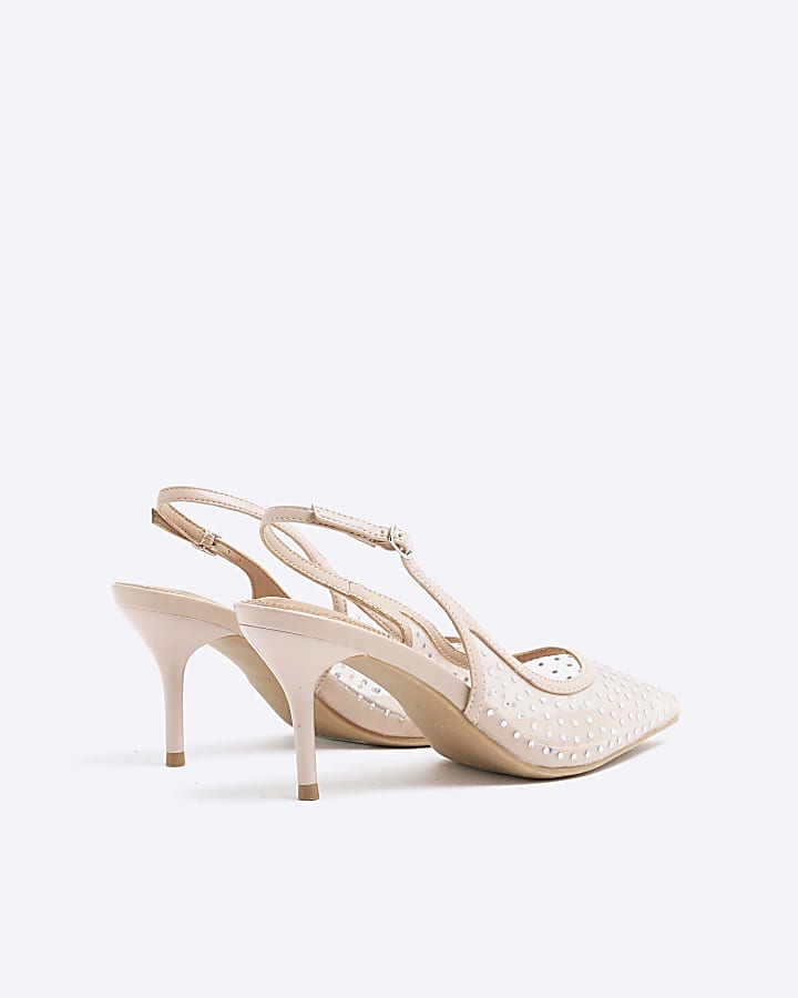 Beige Mesh Embellished Sling Back Court Shoes