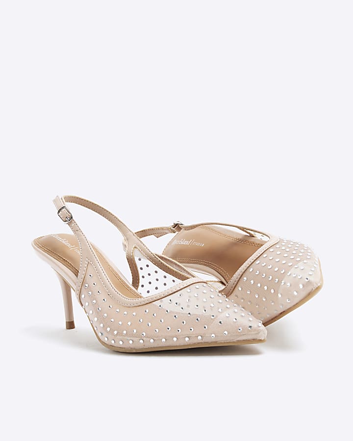 Beige Mesh Embellished Sling Back Court Shoes