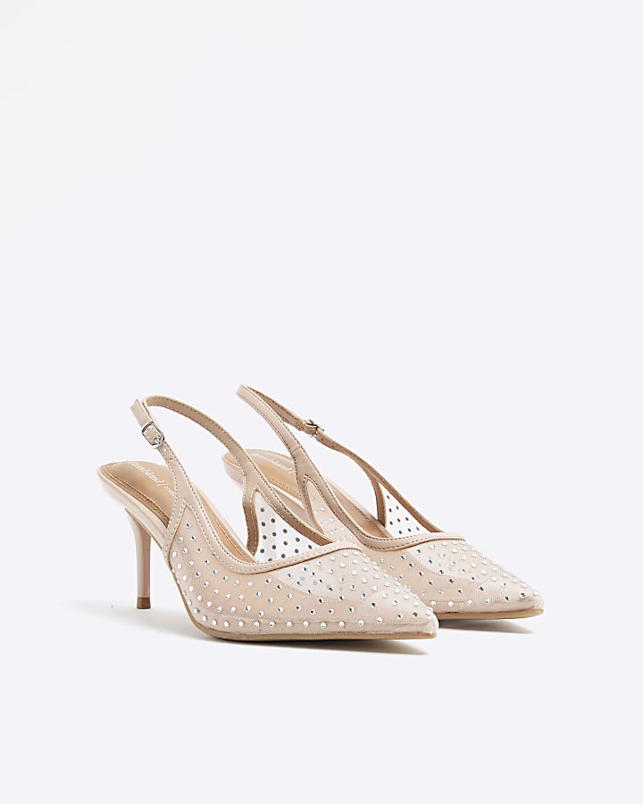 Beige Mesh Embellished Sling Back Court Shoes