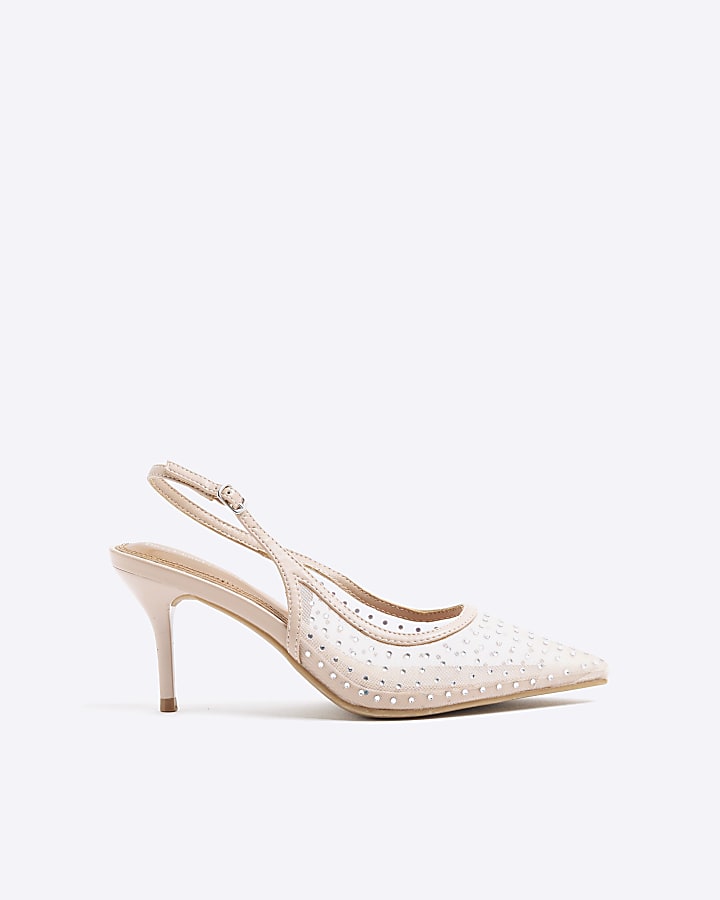 Beige Mesh Embellished Sling Back Court Shoes