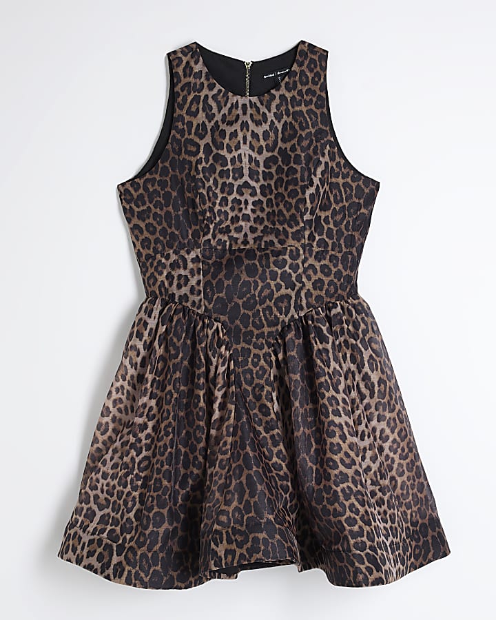 Petite Brown Leopard Print Mini Skater Dress