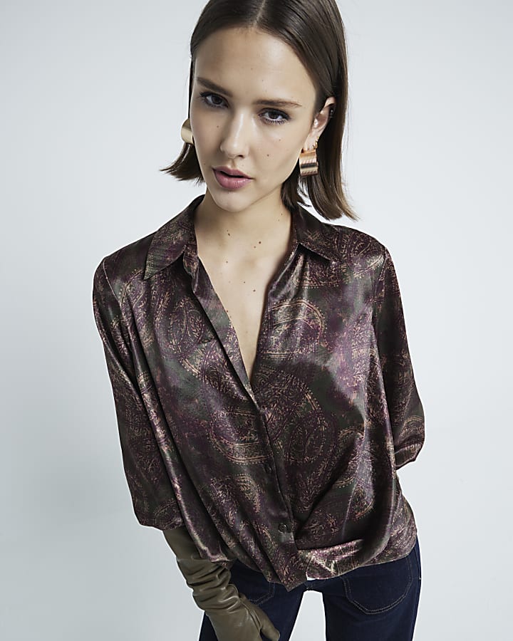 Green Paisley Print Wrap Shirt
