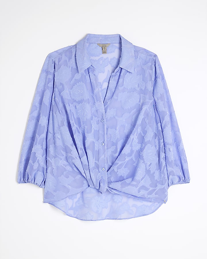 Blue Long Sleeve Floral Wrap Blouse