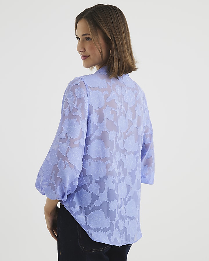 Blue Long Sleeve Floral Wrap Blouse