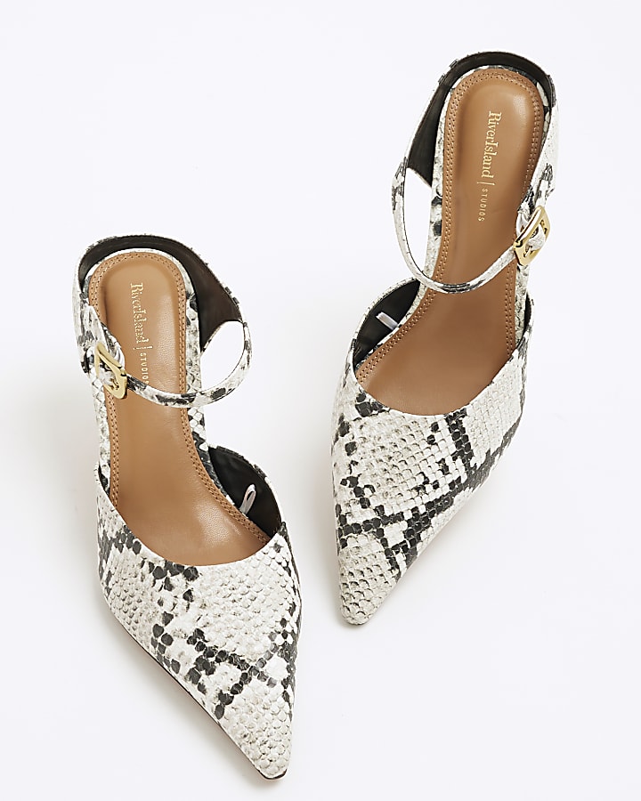 Grey Snake Print Pointed Court Shoes