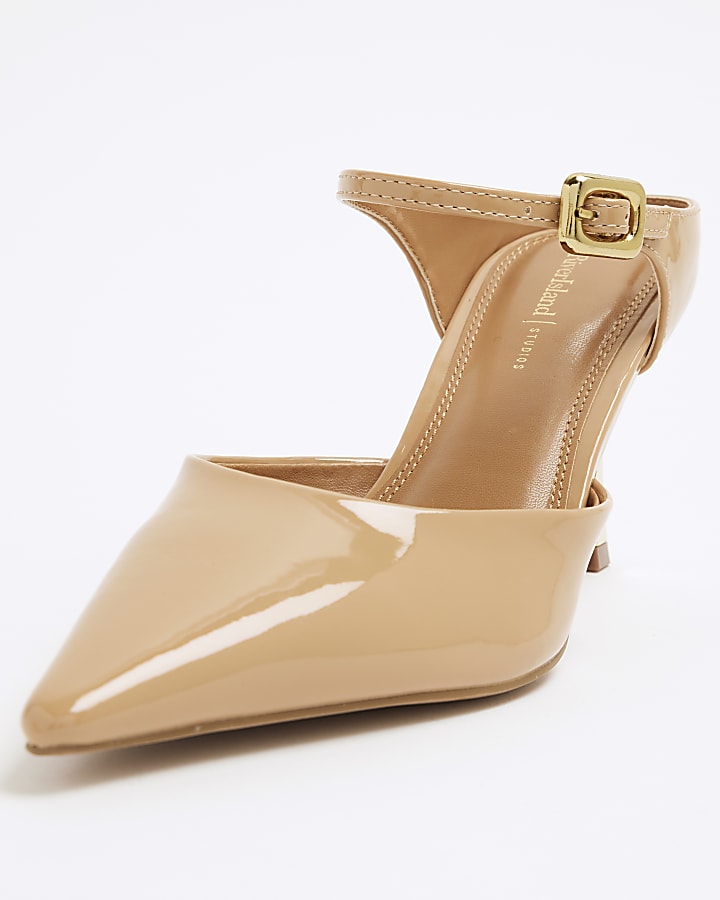 Beige Pointed Ankle Strap Court Heeled Shoes