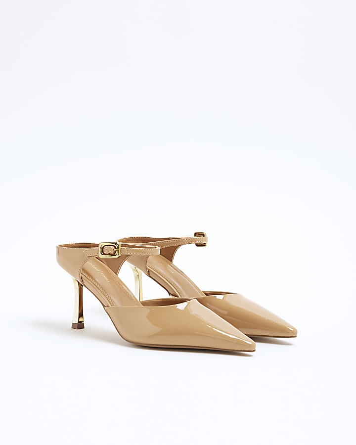 Beige Pointed Ankle Strap Court Heeled Shoes