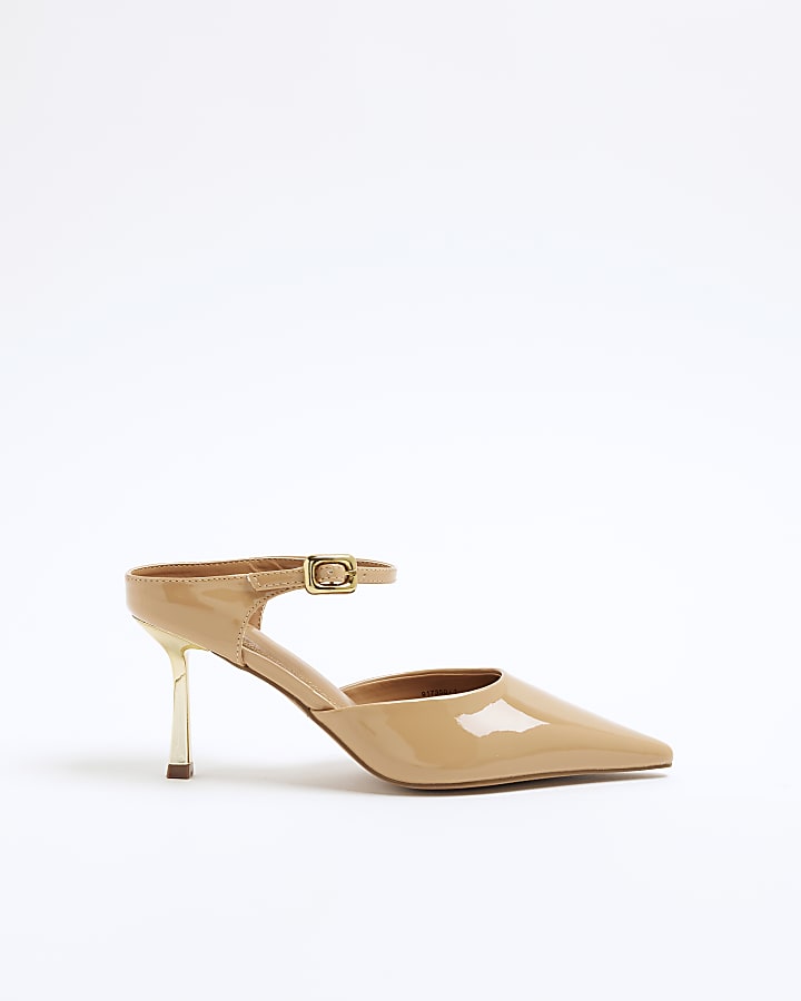 Beige Pointed Ankle Strap Court Heeled Shoes