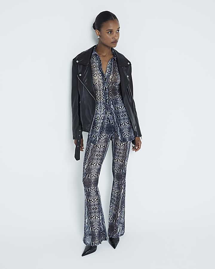 Grey Snake Print Mesh Trousers