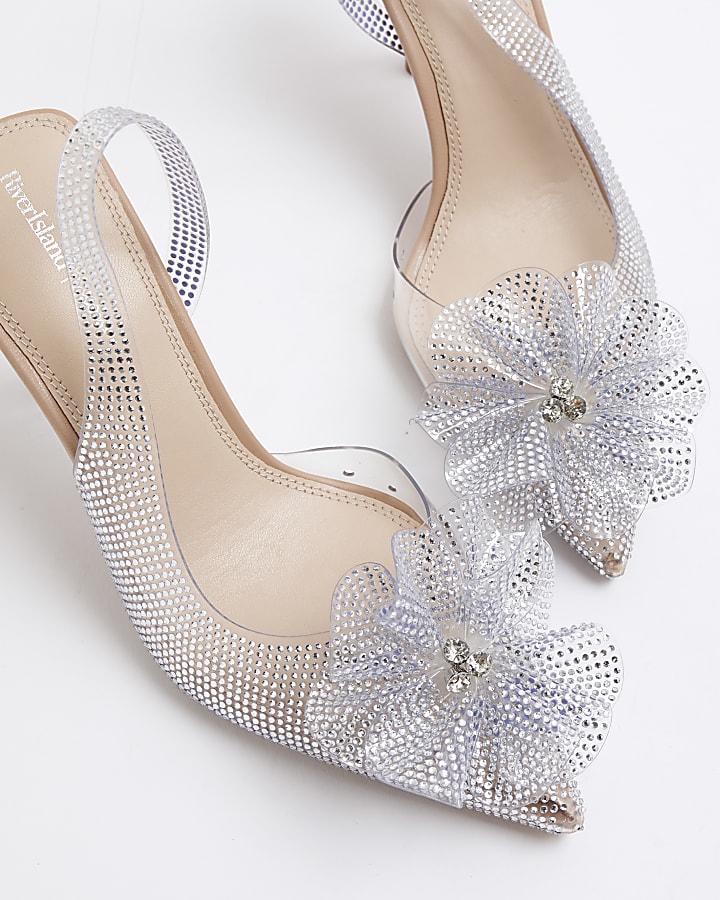 Silver Diamante Flower Perspex Court Heels