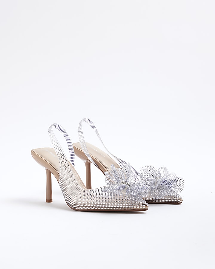 Silver Diamante Flower Perspex Court Heels