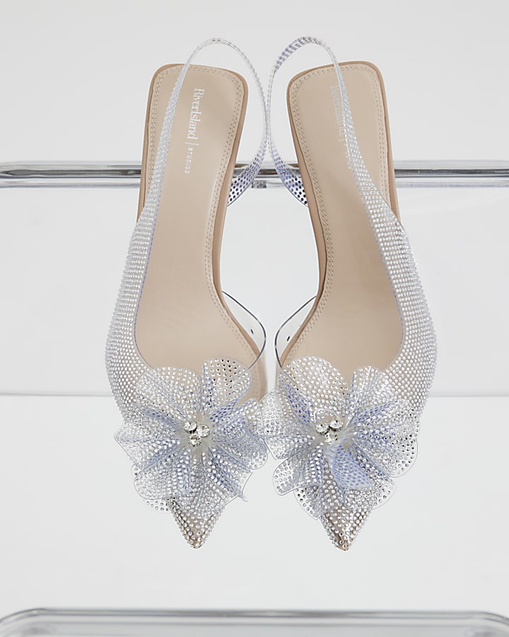 Silver Diamante Flower Perspex Court Heels