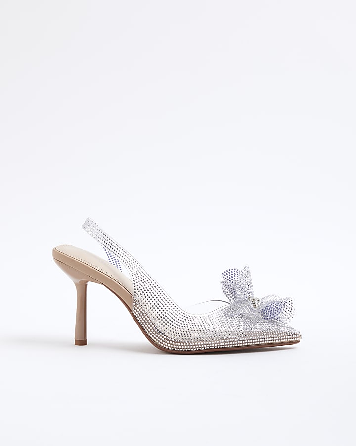 Silver Diamante Flower Perspex Court Heels