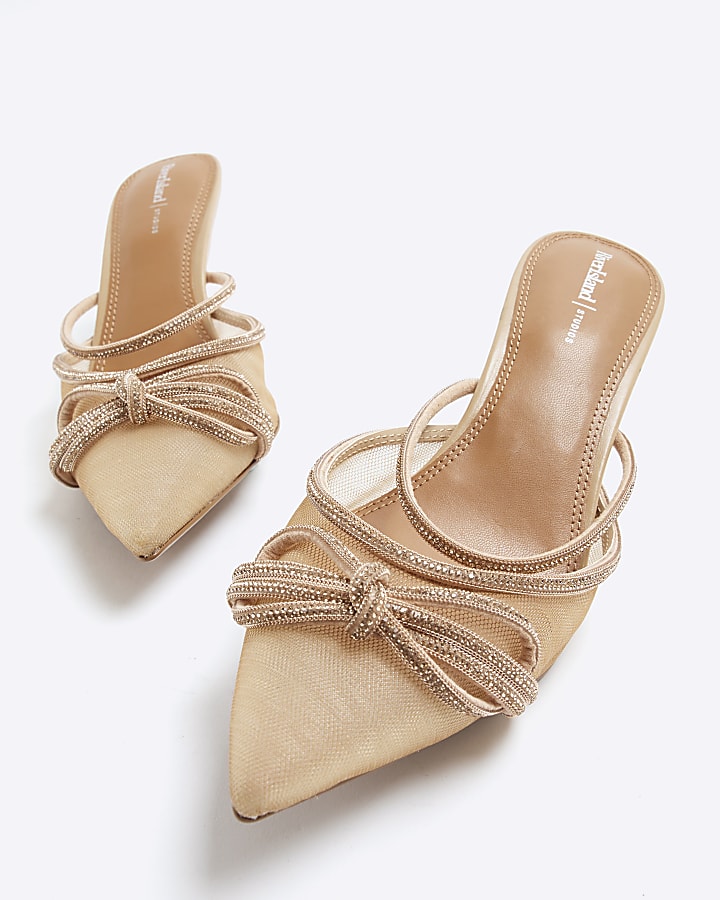 Beige Diamante Mule Heeled Sandals