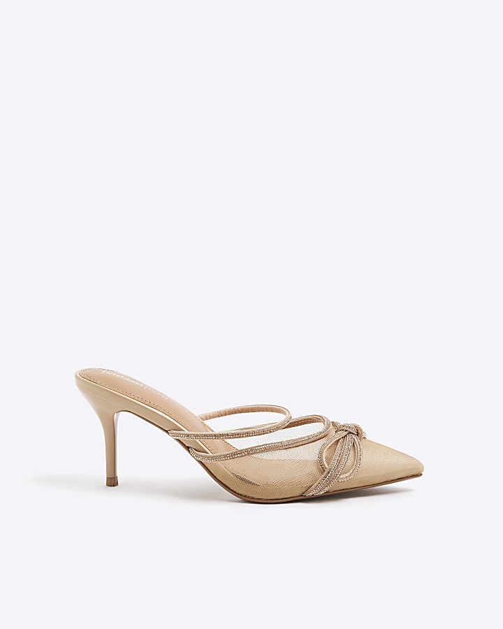 Beige Diamante Mule Heeled Sandals