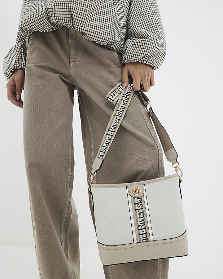 Beige Faux Leather RI Monogram Bag River Island