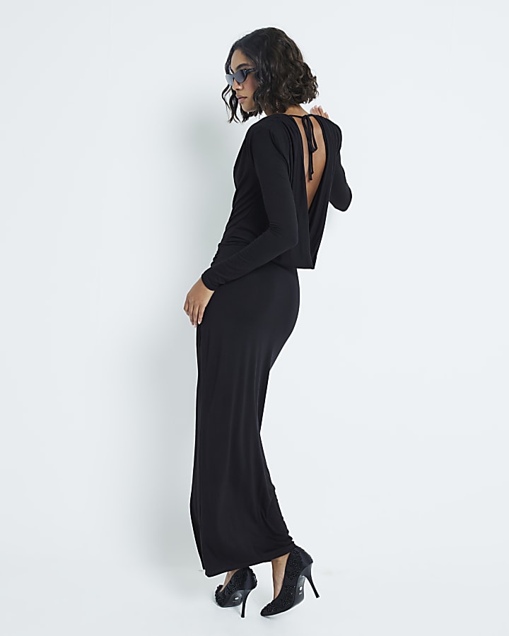 Black Slinky Cowl Neck Midi Dress