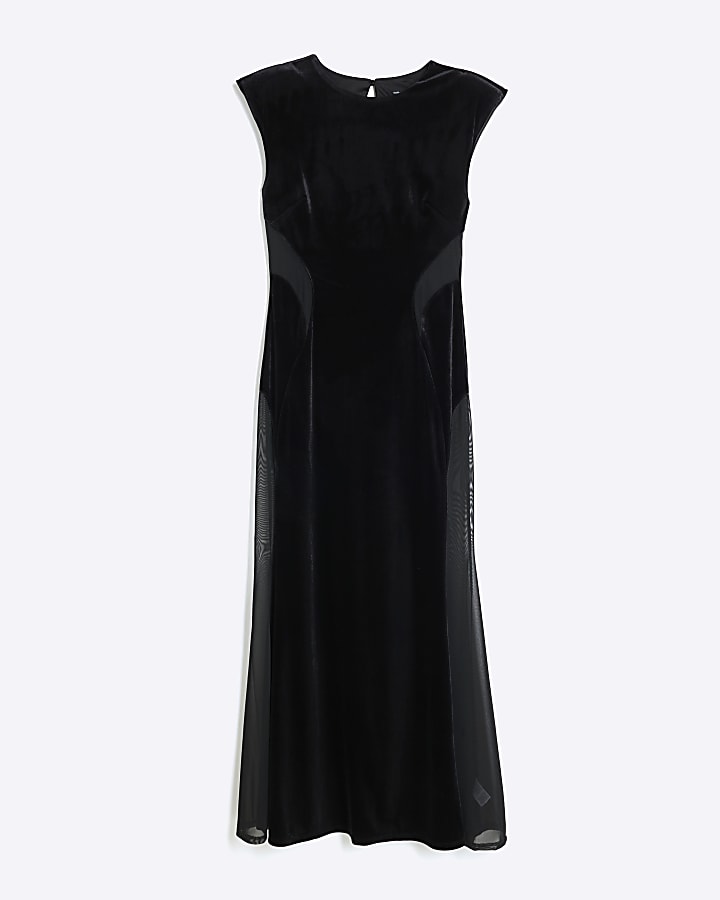 Black Sleeveless Velvet Midi Dress