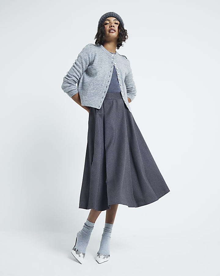 Grey Pleated Midi Skirt