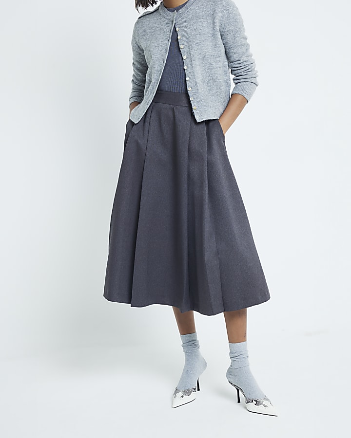 Grey Pleated Midi Skirt