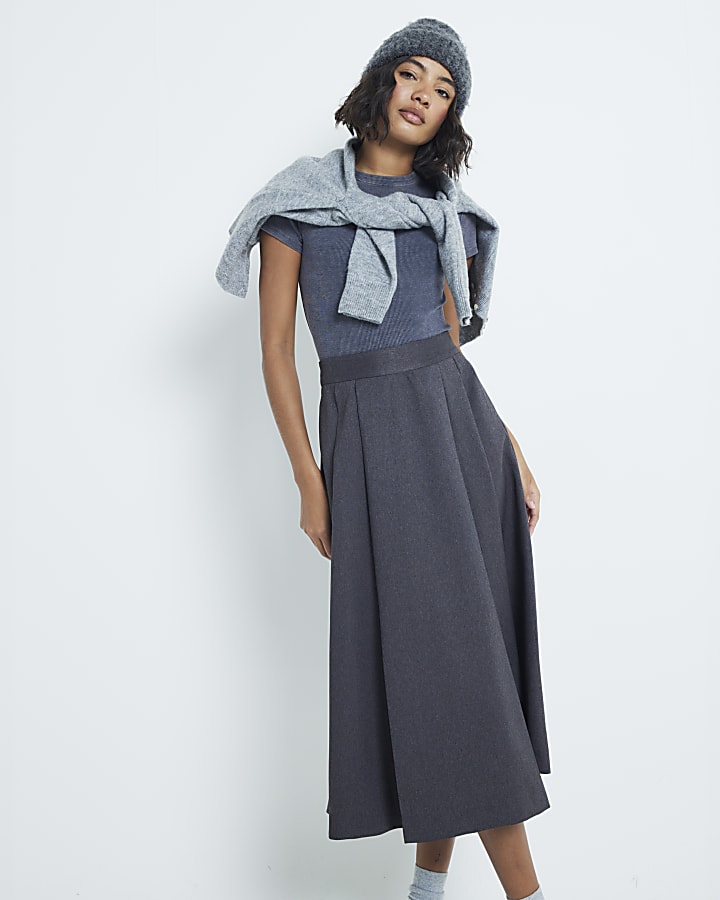 Grey Pleated Midi Skirt River Island