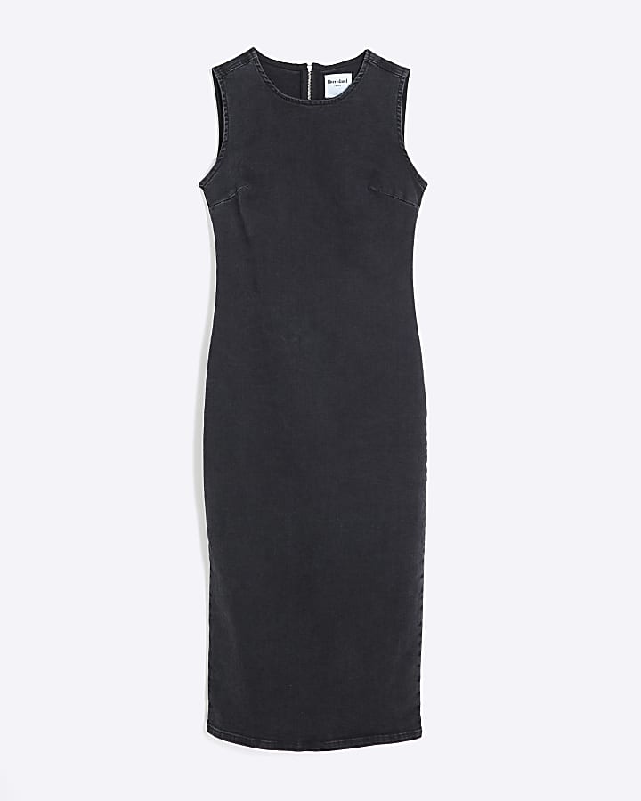 Black Stretch Denim Bodycon Midi Dress