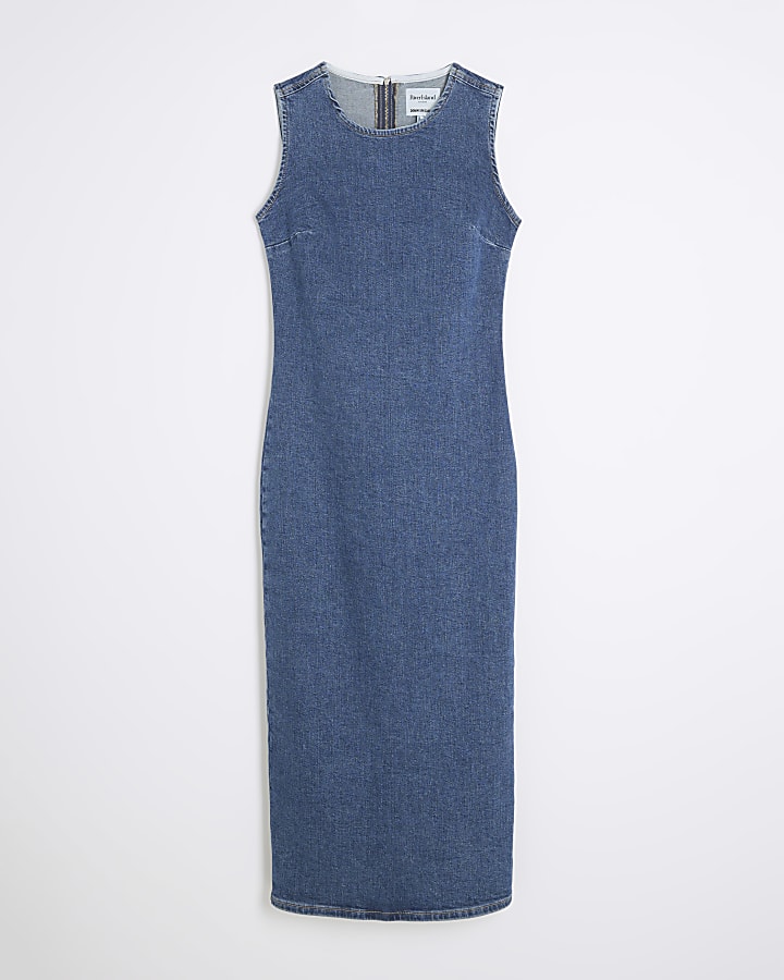 Blue Stretch Denim Bodycon Midi Dress