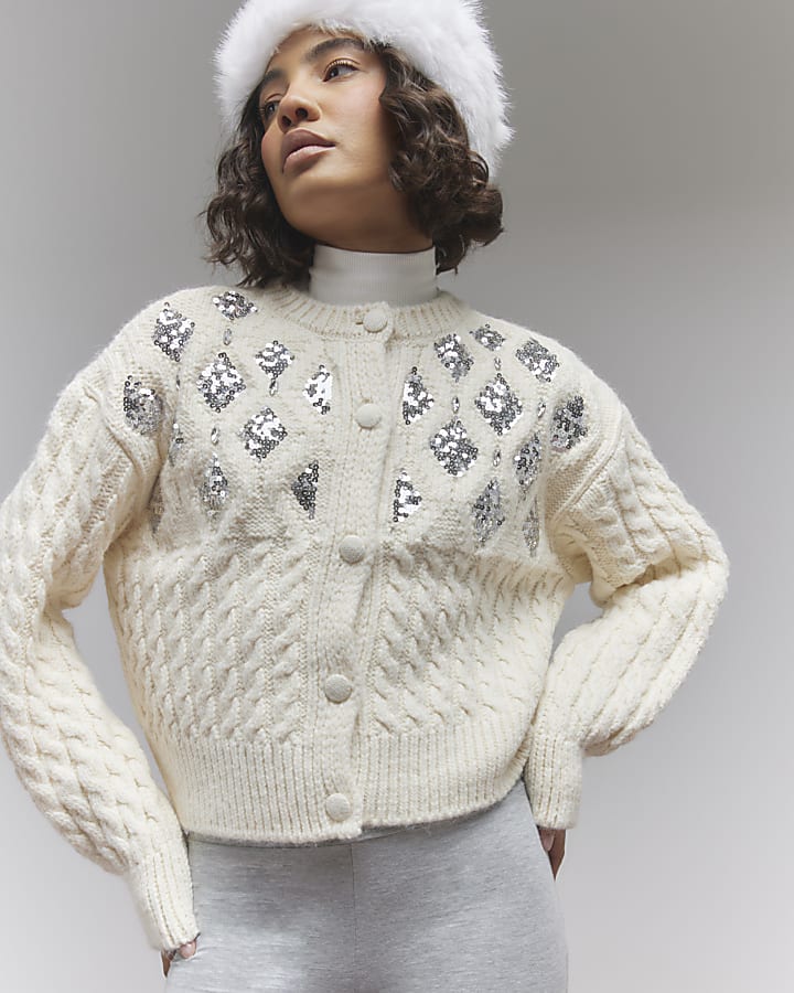 Cream Embellished Cardigan