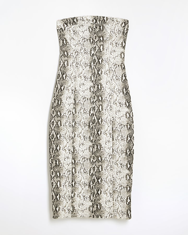 Beige Denim Snake Sleeveless Bandeau Dress