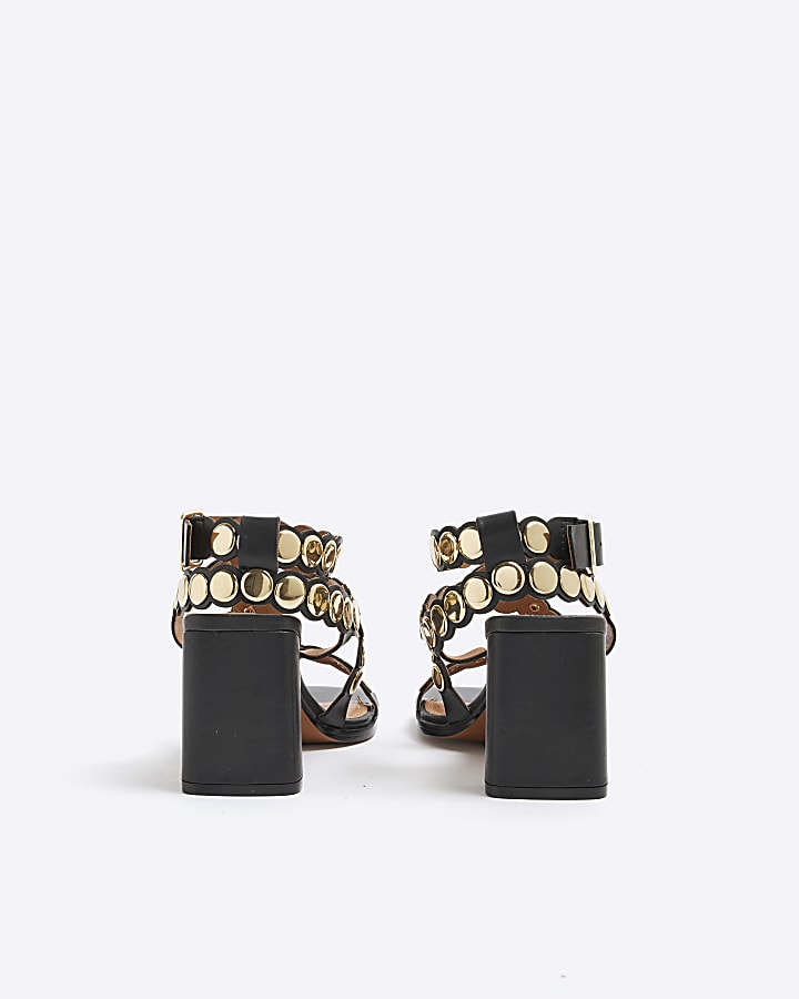 Black Coin Scalloped Block Heeled Sandals