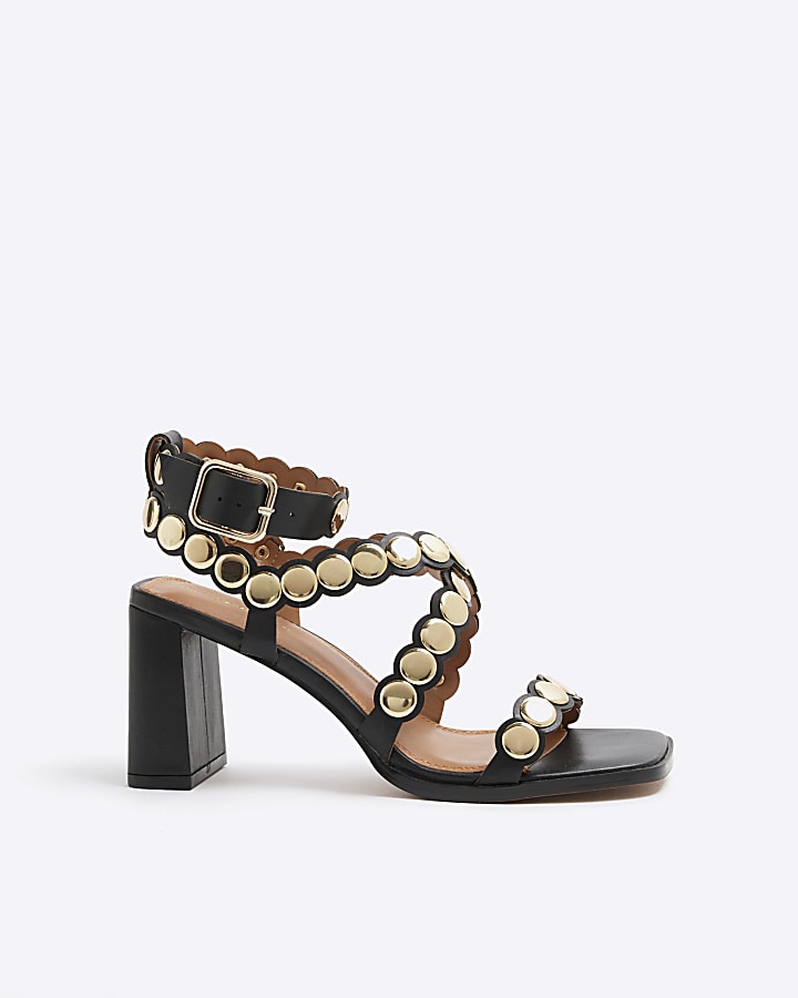 Black Coin Scalloped Block Heeled Sandals